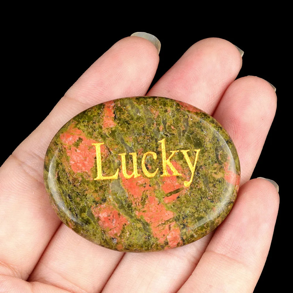 Natural Crystal Engraved Oval Inspirational Word Palm Stone