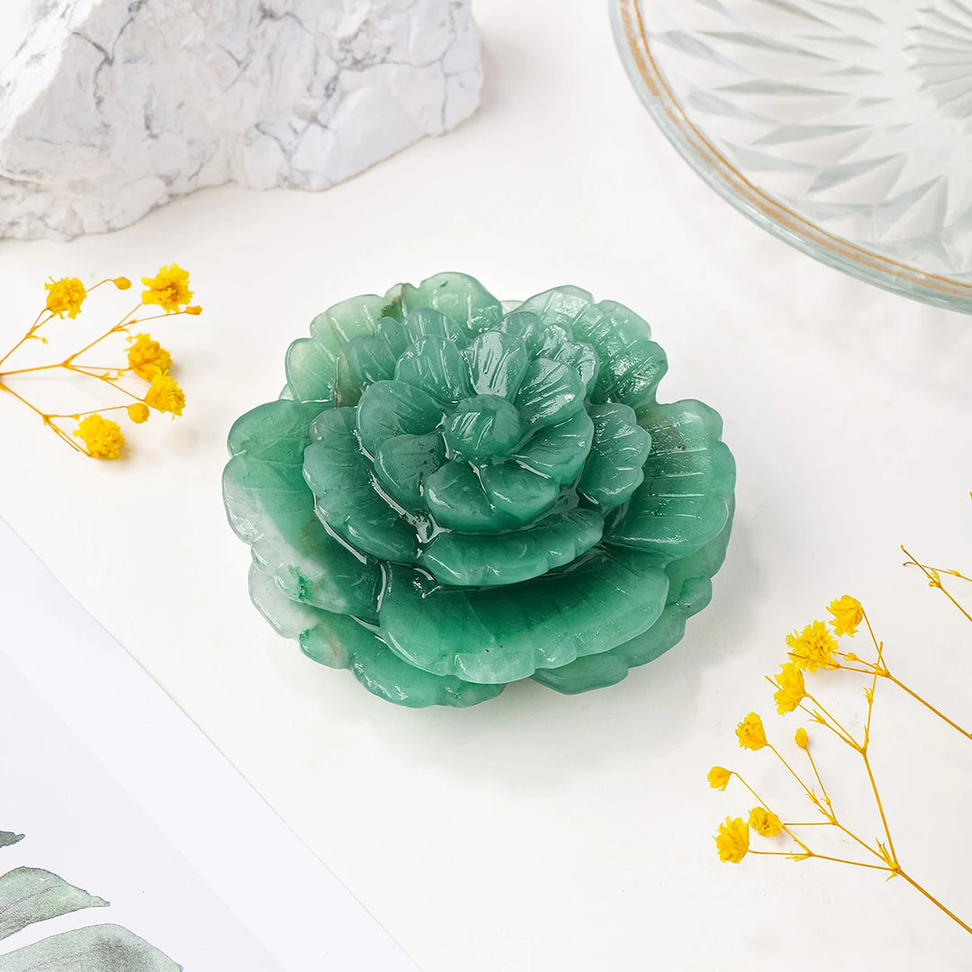 Green Aventurine Crystal Carved Peony Flower