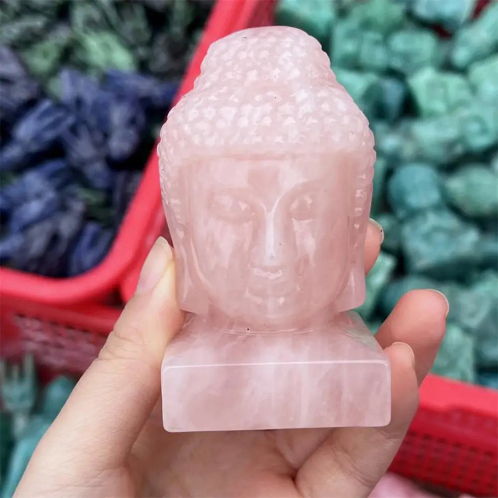 Rose Quartz Crystal Carved Buddha Head Statue Figure