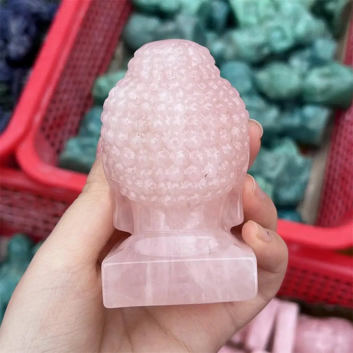 Rose Quartz Crystal Carved Buddha Head Statue Figure