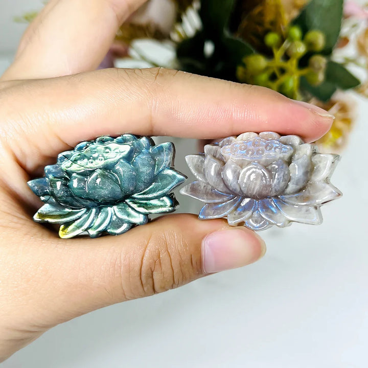 Moonstone and Labradorite Crystal Carved Lotus Flower