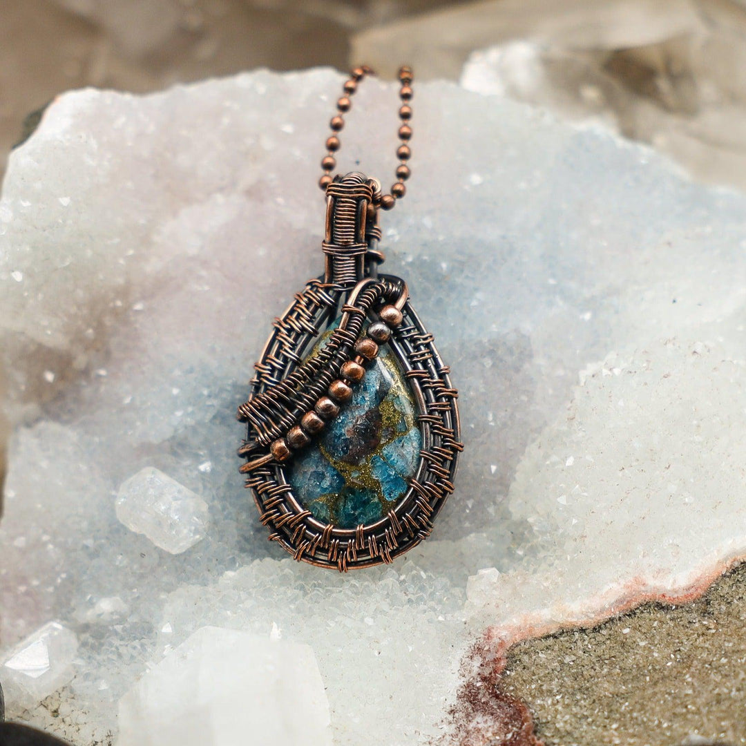 Sea Sediment Jasper Wire Wrap Pendant: 2.25" handcrafted copper pendant with swirling ocean blue, green, and cream stone.