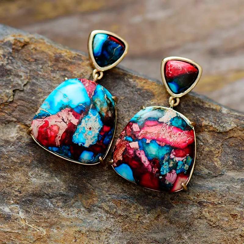 Sea Sediment Jasper Natural Stone Stud Earrings for Women, featuring swirling blues, reds, and creams for grounding and peace.