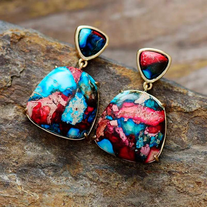 Sea Sediment Jasper Natural Stone Stud Earrings for Women, featuring swirling blues, reds, and creams for grounding and peace.