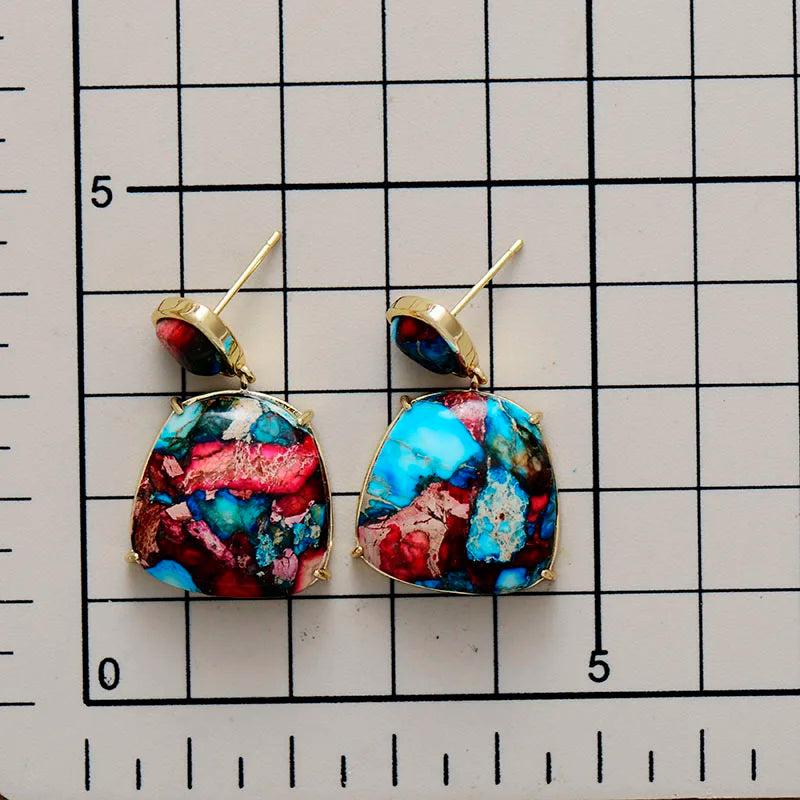 Sea Sediment Jasper Natural Stone Stud Earrings with swirling blues, dusty roses, and warm creams for grounding and peace.