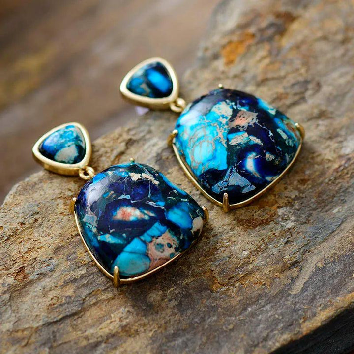 Sea Sediment Jasper Natural Stone Stud Earrings for Women, featuring swirling blues, dusty roses, and warm creams for grounding and peace.