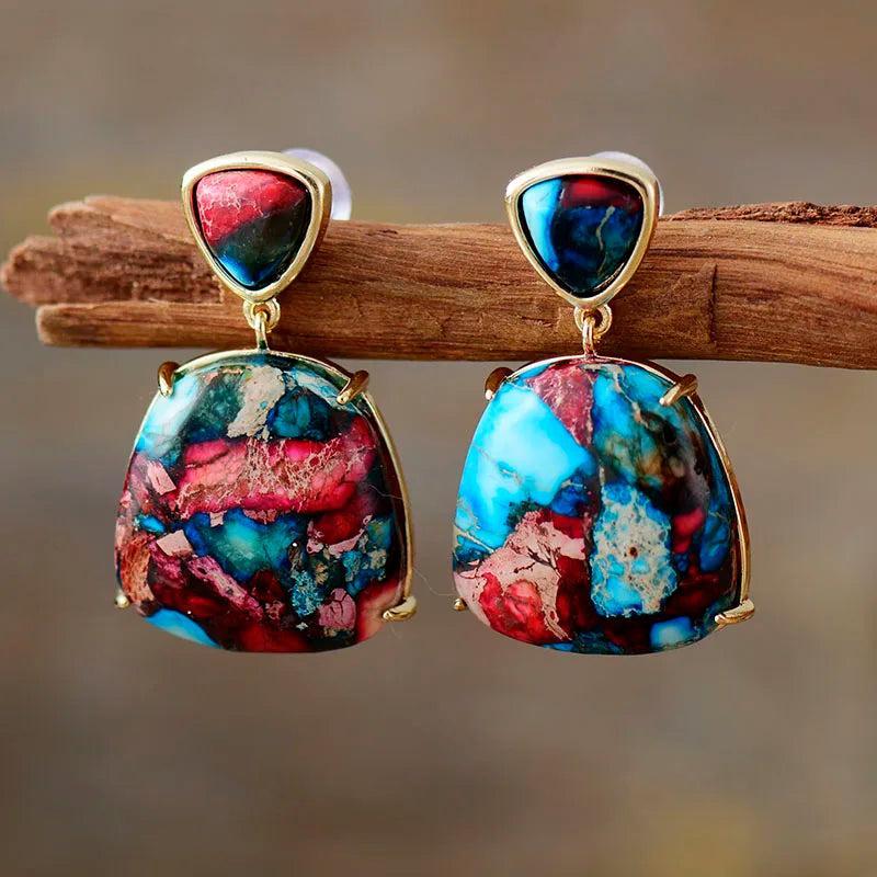 Sea Sediment Jasper Natural Stone Stud Earrings for Women, featuring swirling blues, dusty roses, and warm creams in gold settings.