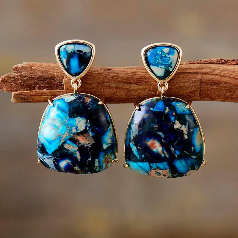 Sea Sediment Jasper Natural Stone Stud Earrings for Women, featuring swirling blues, creams, and dusty roses for grounding and peace.