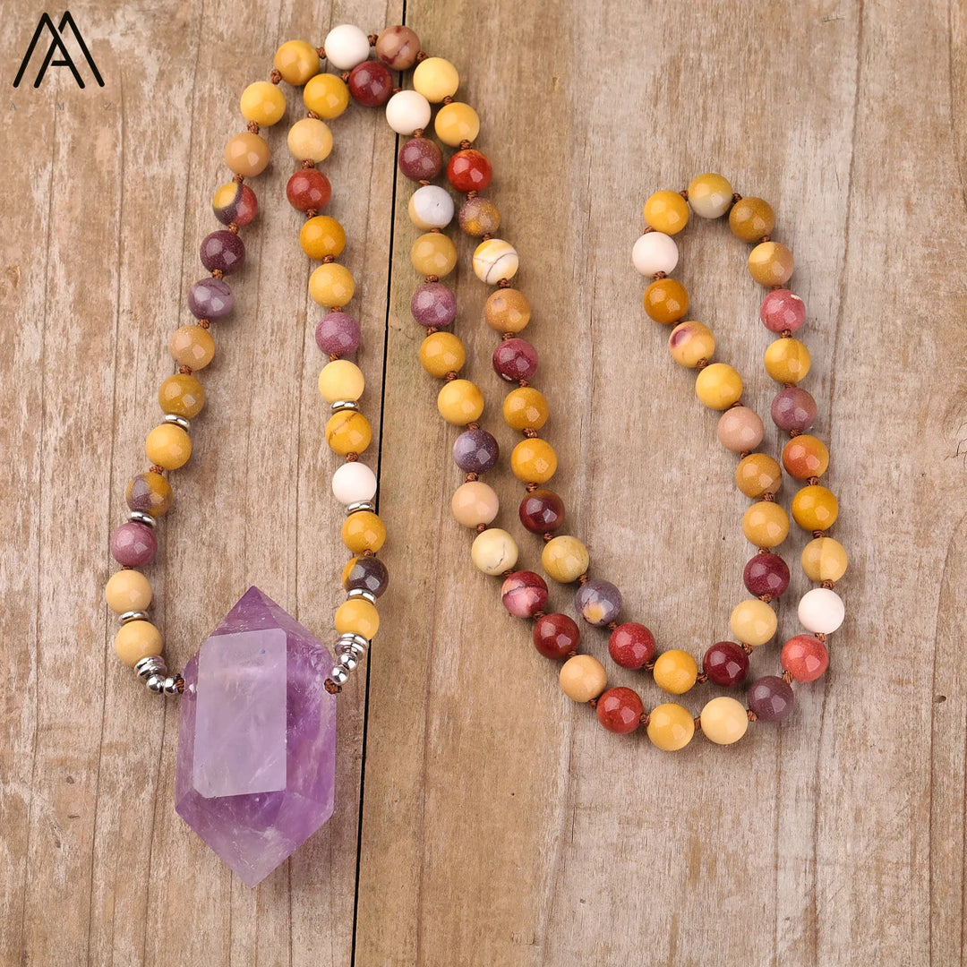 Crystal Quartz, Citrine or Amethyst 108 Mala Bead Pendant Necklace