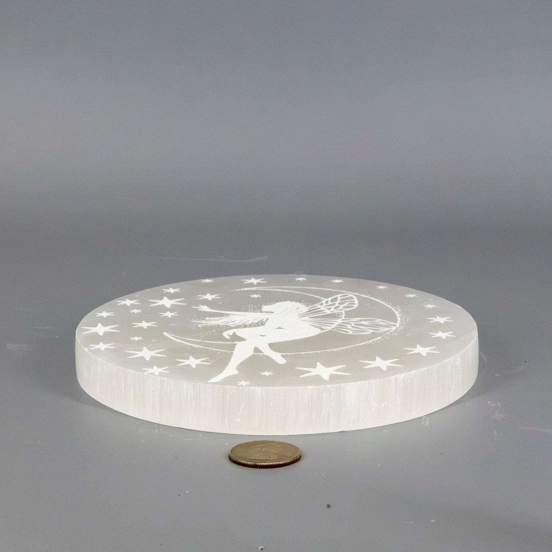 Selenite 5.5 Inch Forest Fairy Charging Plate-Decorations-Crystal Destiny-selenite-628g - 5.50" x 5.50" X .70"-Crystal Destiny