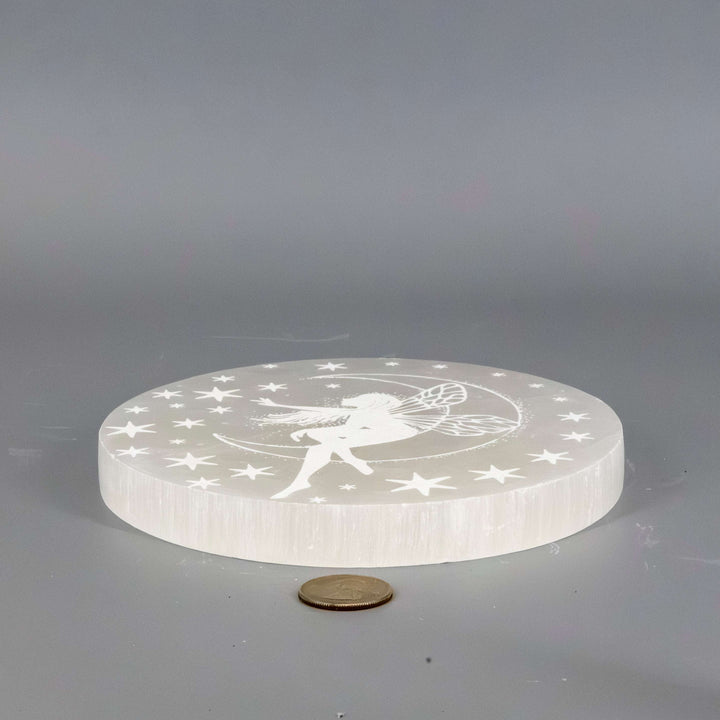 Selenite 5.5 Inch Forest Fairy Charging Plate-Decorations-Crystal Destiny-selenite-628g - 5.50" x 5.50" X .70"-Crystal Destiny