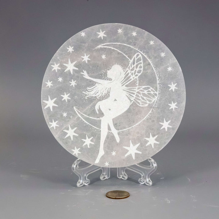 Selenite 5.5 Inch Forest Fairy Charging Plate-Decorations-Crystal Destiny-selenite-628g - 5.50" x 5.50" X .70"-Crystal Destiny