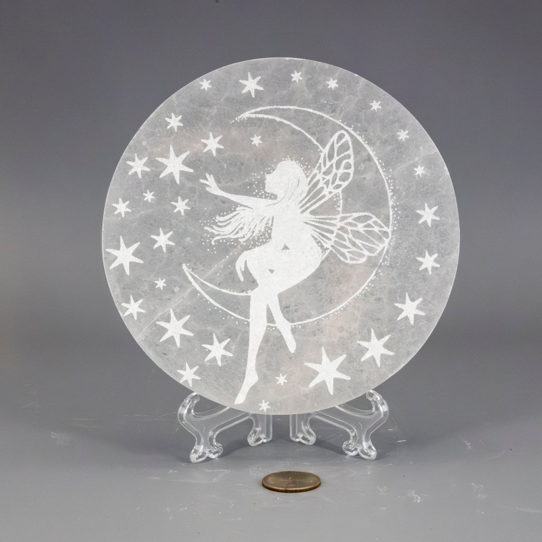 Selenite 5.5" Jumbo "Forest Fairy" Charging Plate-Decorations-Crystal Destiny-selenite-628g - 5.50" x 5.50" X .70"-Crystal Destiny