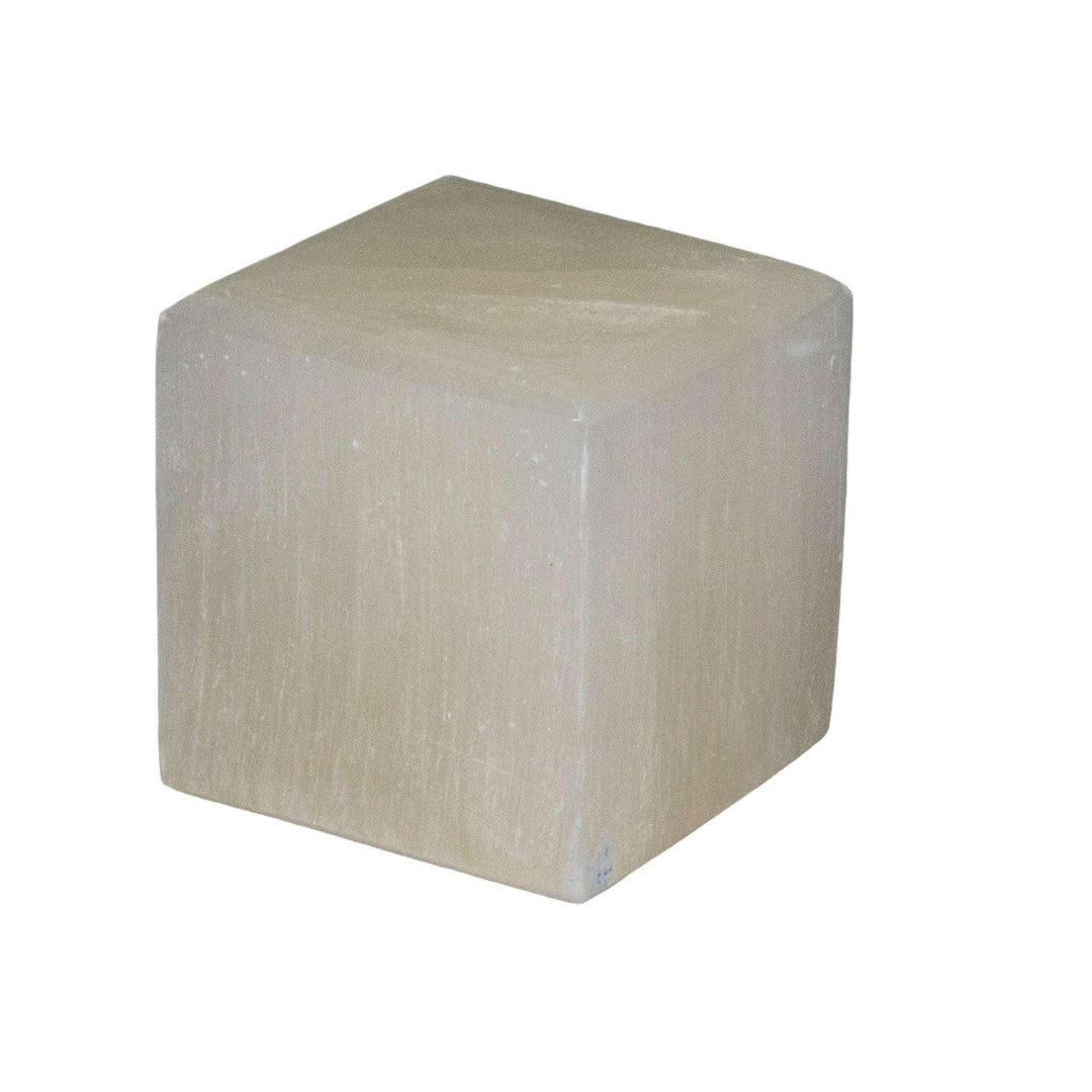 Selenite Cube 2 Inch 308g: High-vibration, clarifying white crystal cube with a silky, striated surface.