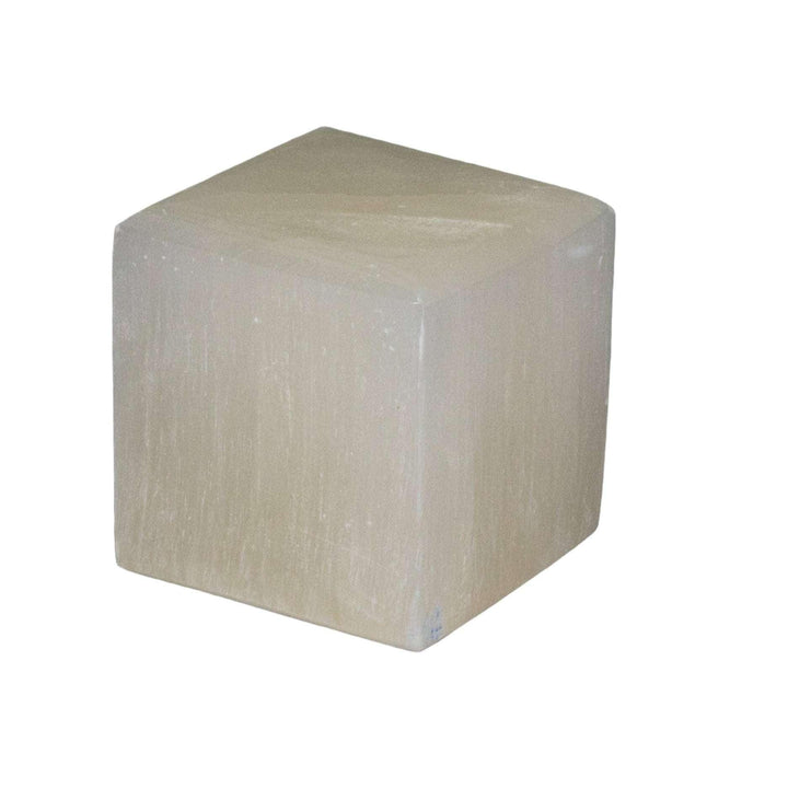 Selenite Cube 2 Inch 308g: High-vibration, clarifying white crystal cube with a silky, striated surface.