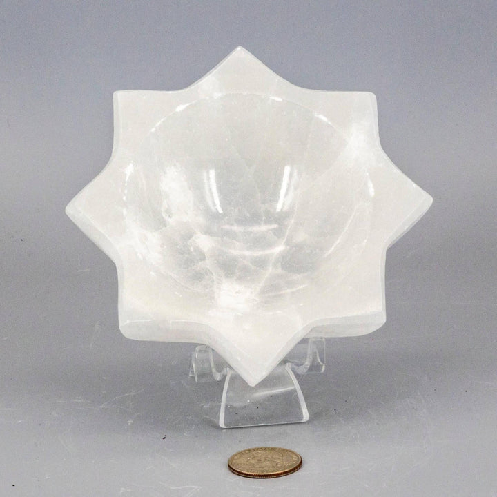 Selenite Rare 8 Point Star Bowl: translucent white, silky luster, sacred geometric design for clearing and recharging.