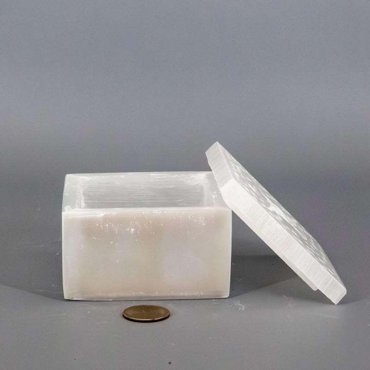 Selenite "Forest Fairy" Jewelry Box: a pearlescent white crystal box with a carved lid, cleansing your treasures.