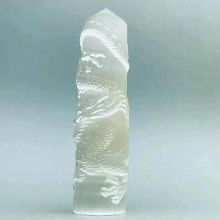Selenite Crystal Carved Tower | Dragon and Phoenix Wand