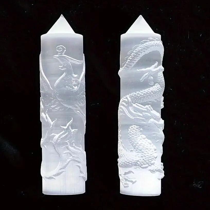 Selenite Crystal Carved Tower | Dragon and Phoenix Wand