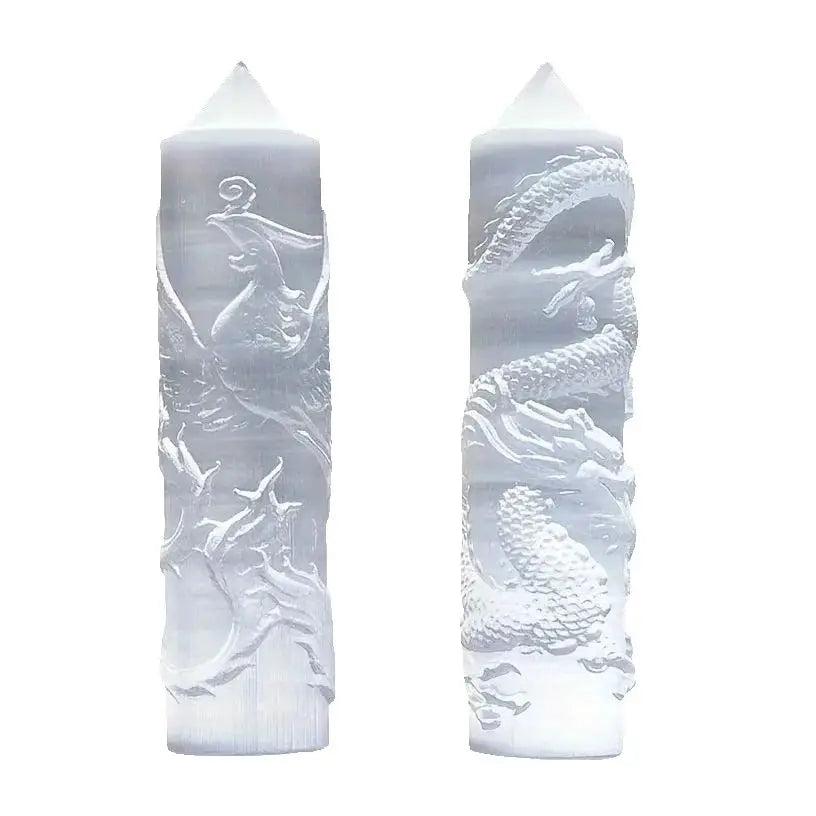Selenite Crystal Carved Tower | Dragon and Phoenix Wand