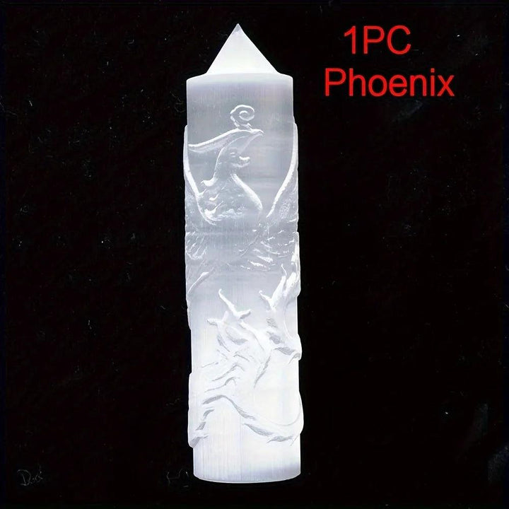 Selenite Crystal Carved Tower | Dragon and Phoenix Wand
