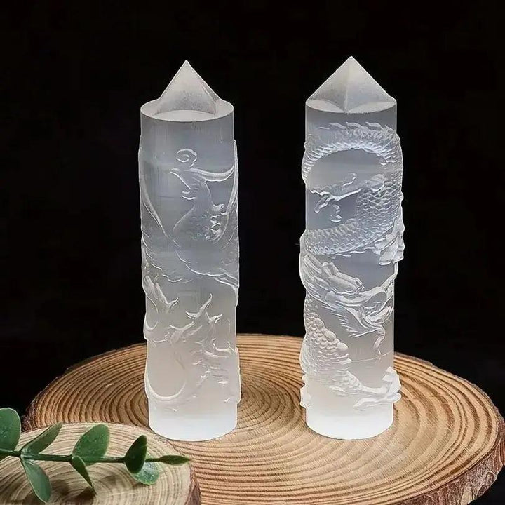 Selenite Crystal Carved Tower | Dragon and Phoenix Wand