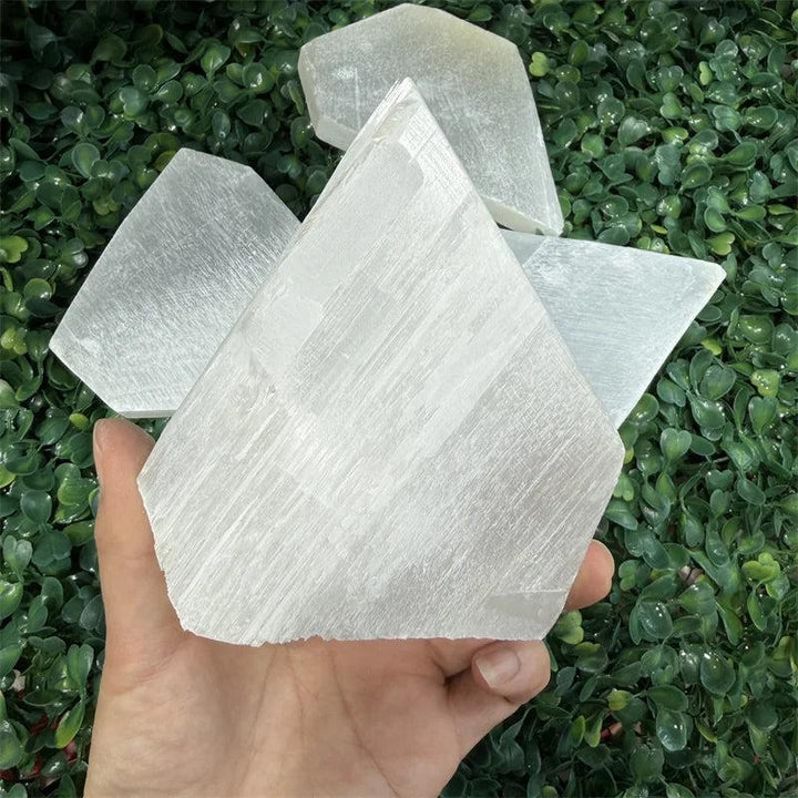 Luminous Selenite Crystal Flat Slab Charging Plate for Cleansing, held in hand, with more slabs on green foliage.
