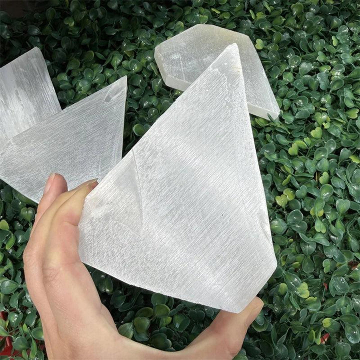 Selenite Crystal Flat Slab Charging Plate for Cleansing. Luminous white, textured gypsum crystal for pure energy.