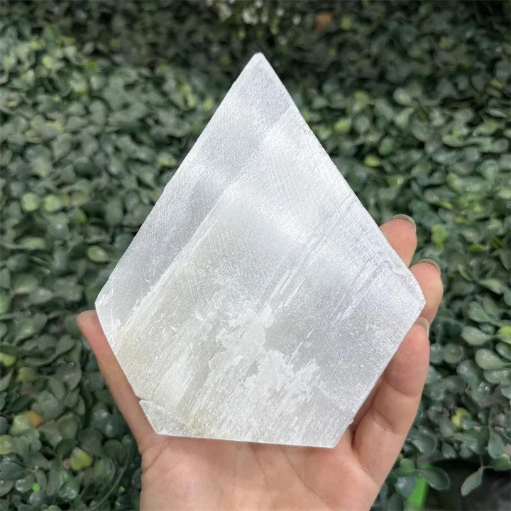 Luminous white Selenite Crystal Flat Slab Charging Plate for cleansing, held against green foliage.