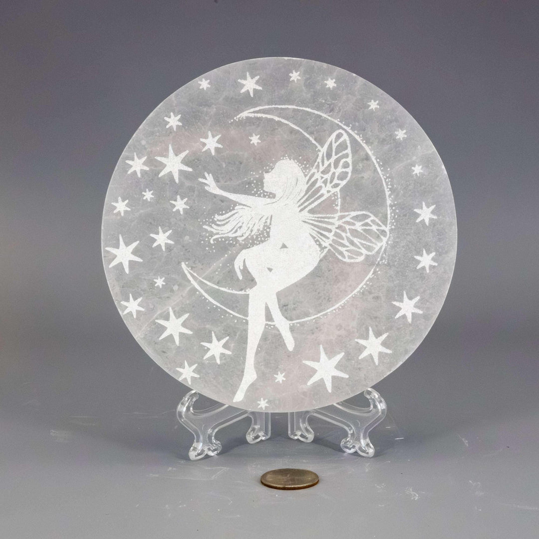 Selenite Crystal Forest Fairy Charging Plate, 140mm translucent white with etched fairy, moon, and stars.