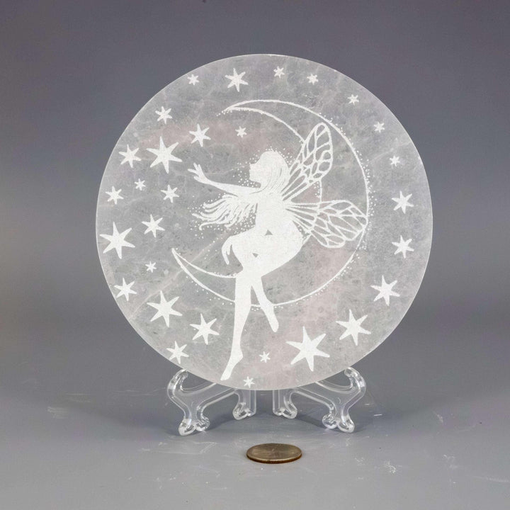 Selenite Crystal Forest Fairy Charging Plate, 140mm translucent white with etched fairy, moon, and stars.