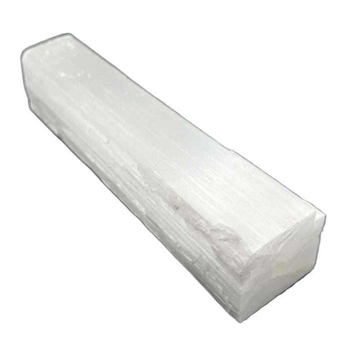Selenite Squared Log: silky, striated white crystal log, self-cleansing, purifying energy for modern interiors or altars.