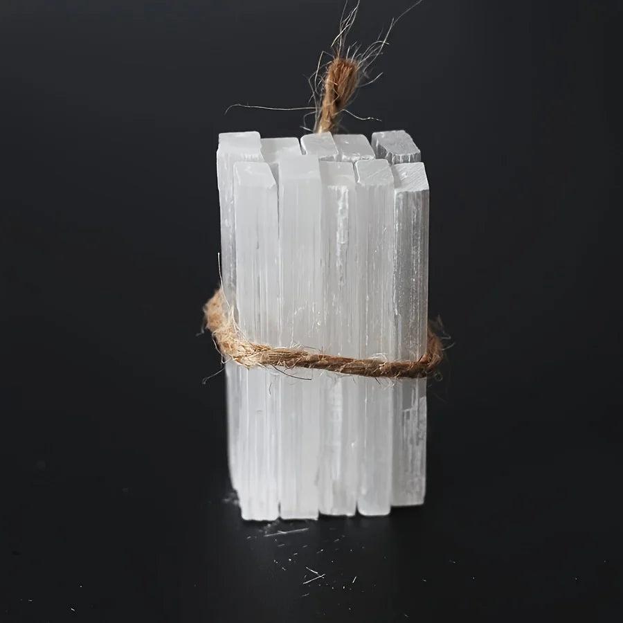 Natural white Selenite Crystal Wands, raw gypsum sticks tied with twine, for cleansing and purification.
