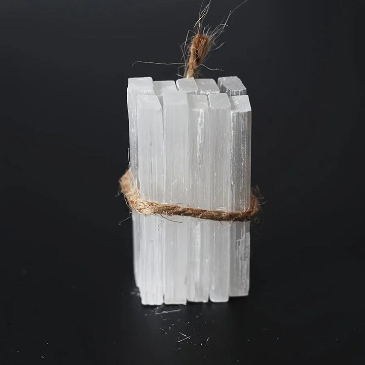 Natural white Selenite Crystal Wands, raw gypsum sticks tied with twine, for cleansing and purification.