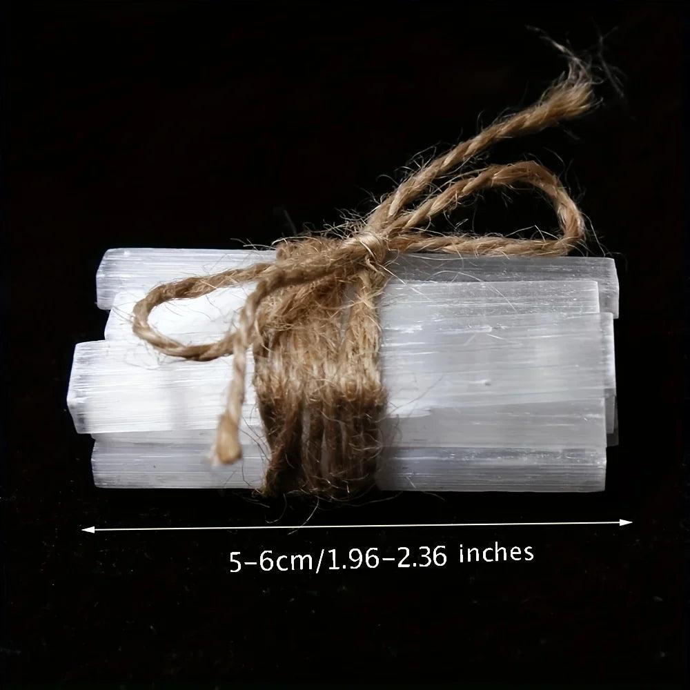 Natural white Selenite Crystal Wands, raw gypsum sticks tied with twine, for cleansing and purification.