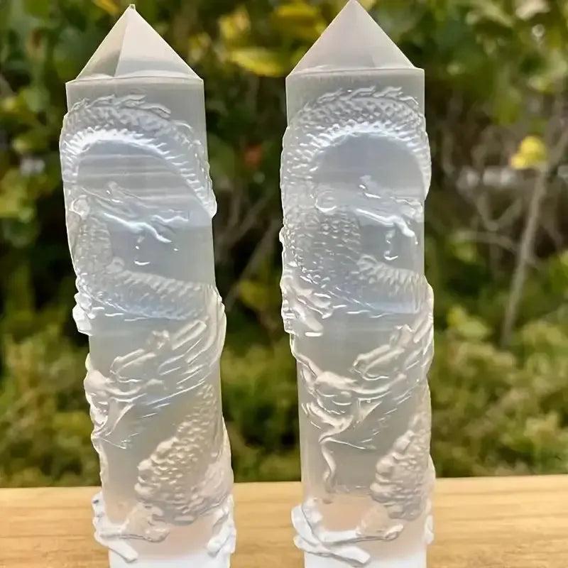 Selenite Dragon & Phoenix Tower | Hand Carved
