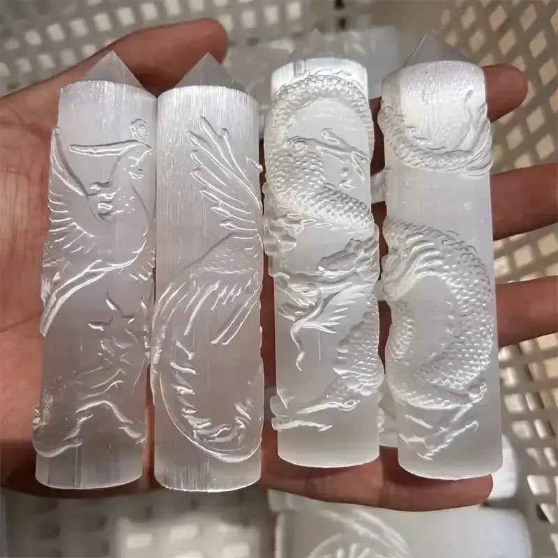 Selenite Dragon & Phoenix Tower | Hand Carved-Carvings-Ali-Labradorite-Phoenix-105mm-Crystal Destiny
