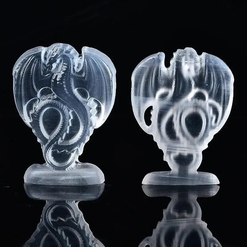 Luminous white selenite fire dragon carving by Crystal Destiny, showcasing translucent crystal and intricate details.