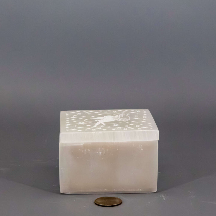 Selenite "Forest Fairy" Jewelry Box-Decorations-Crystal Destiny-Selenite-658g - 3.50"L x 3.50"W x2.25H-Crystal Destiny