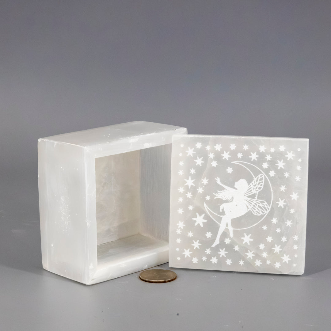 Selenite "Forest Fairy" Jewelry Box-Decorations-Crystal Destiny-Selenite-658g - 3.50"L x 3.50"W x2.25H-Crystal Destiny
