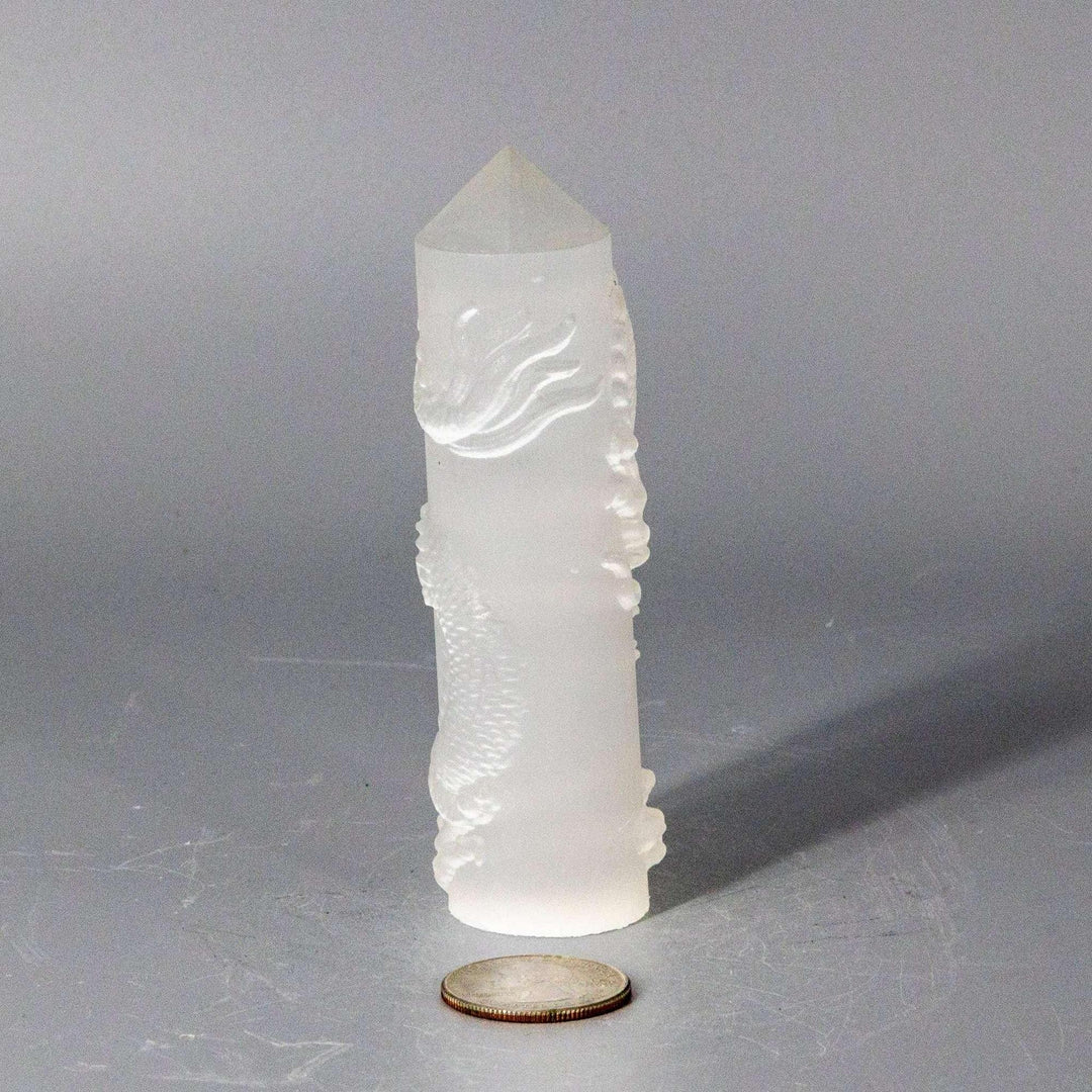 Selenite CNC Carved Dragon Tower, 4" tall, with intricate scales and facial features, purifying energy.