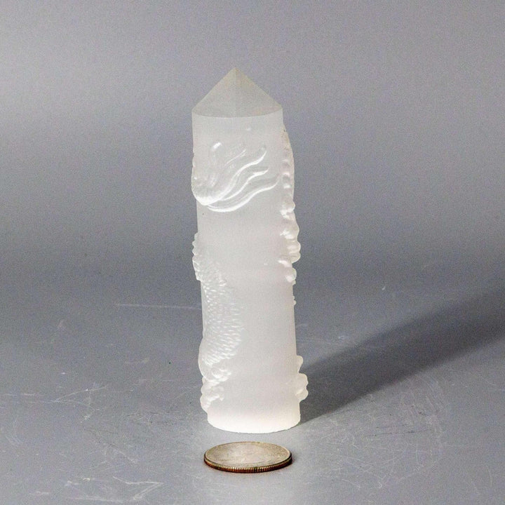 Selenite CNC Carved Dragon Tower, 4" tall, with intricate scales and facial features, purifying energy.
