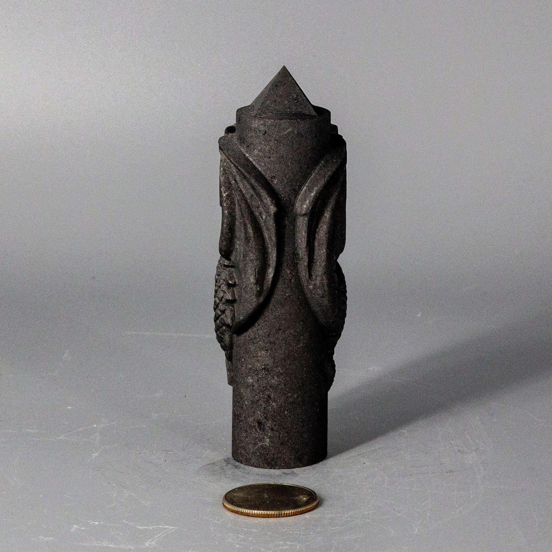 Dark Shungite CNC Carved Dragon Tower, 4" tall, with detailed scales and wings, for EMF absorption.