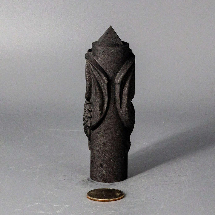 Dark Shungite CNC Carved Dragon Tower, 4" tall, with detailed scales and wings, for EMF absorption.