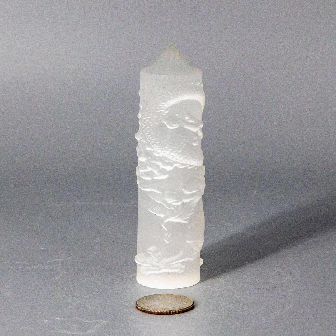 Selenite CNC Carved Dragon Tower, 4" tall, with intricate scales and features, purifying energy.