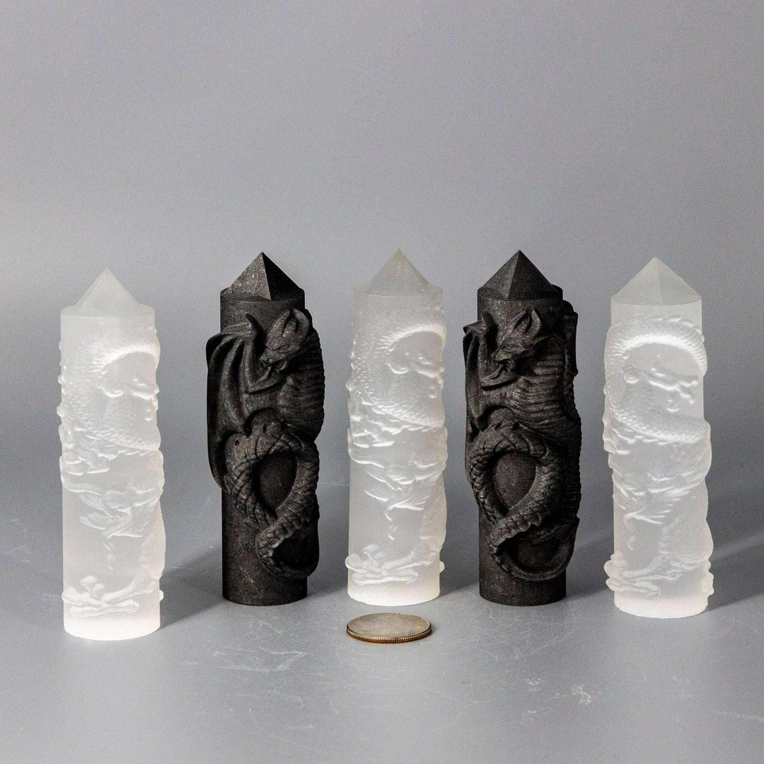 Selenite and Shungite CNC Carved Dragon Towers, 4" tall, showcasing intricate dragon scales and features.