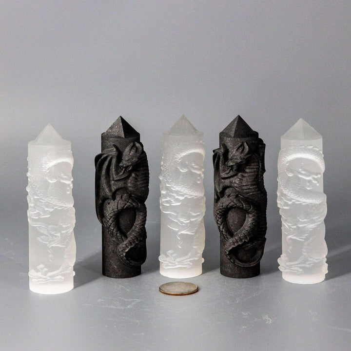Selenite and Shungite CNC Carved Dragon Towers, 4" tall, showcasing intricate dragon scales and features.