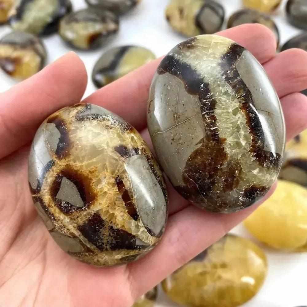 Polished Natural Septarian palm stone with unique brown and yellow patterns, perfect as a healing worry rock or pocket stone.