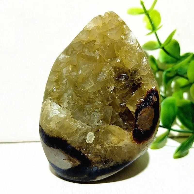 Polished Septarian freeform with yellow calcite and brown aragonite veins, perfect for root chakra grounding and stability.