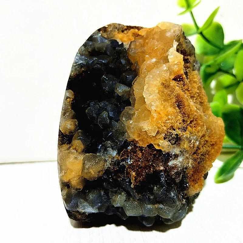 Polished Septarian freeform featuring yellow calcite and brown aragonite veins for grounding and root chakra healing.